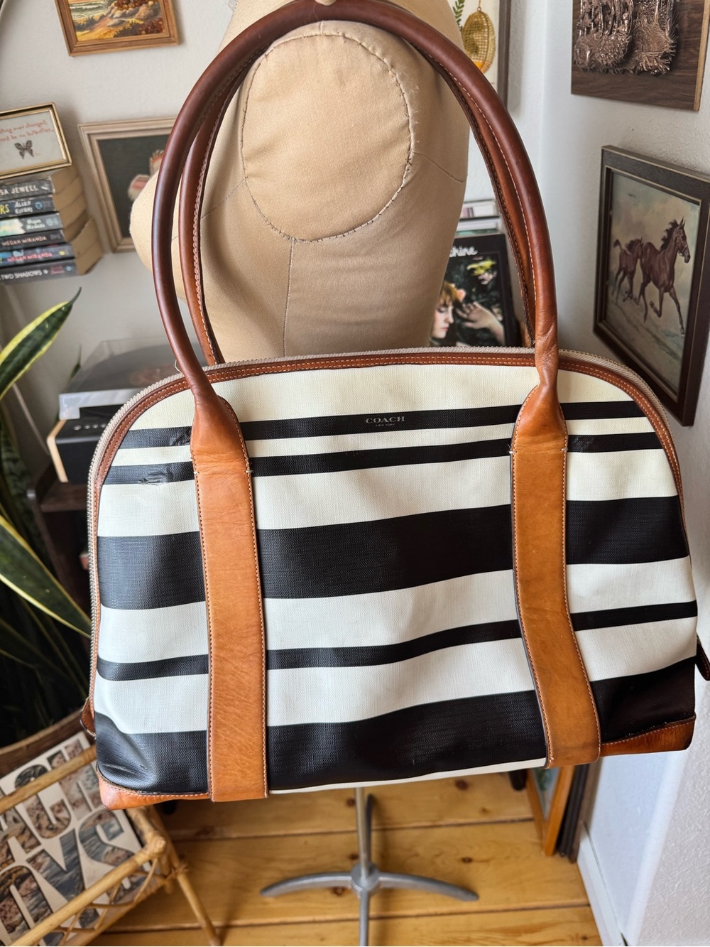 VTG Coach  Bleecker Striped Preston Satchel 30173 Black White Leather Trim